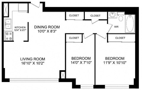 Floor plan for 2 beds, 1 bath, 786 sqft